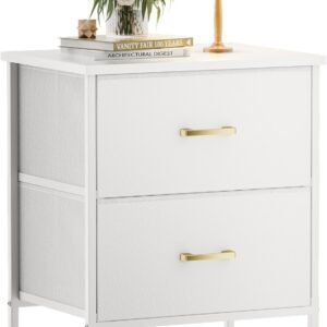 White Nightstand 2 Drawers for Bedroom, Kids Bedside Furniture End Table Night Stand, Wooden Top, Steel Frame, Easy Pull Fabric Drawers, Modern