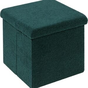 PINPLUS Folding Storage Ottoman Cube, Green Storage Ottoman with Lid, Upholstered Sherpa Ottoman with Storage for Bedroom, Foot Rest Stool Seat for Living Room, Dorm, Kids Room, 15.7 Inches