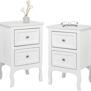 Bonnlo White Nightstand Set of 2, Nightstands with 2 Drawers, Bed Side Table/Night Stand, Small Nightstand for Bedroom, Small Spaces, College Dorm, Kids’ Room, Living Room, Wood, 16W x 12D x 24H