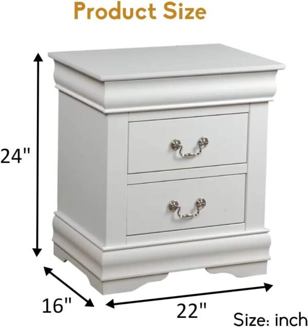 Elegant White Nightstand, Modern 2 Drawer Small Side Table, Wood Bedside Furniture, Night Stand, End Table with Antique Handle for Bedroom, Living Room, College Dorm, Fully Assembled - Image 2