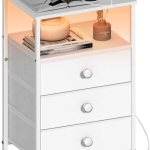 Nightstand with LED Light, Charging Station, and 3 Fabric Drawers, White, 1 Pack