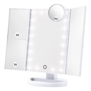 Makeup Mirror Vanity Mirror with Lights, Lighted Makeup Mirror with 1X 2X 3X 10X Magnifying, Touch Control Design, Dual Power Supply, Portable LED Makeup Mirror, Women Gift (White+10X)