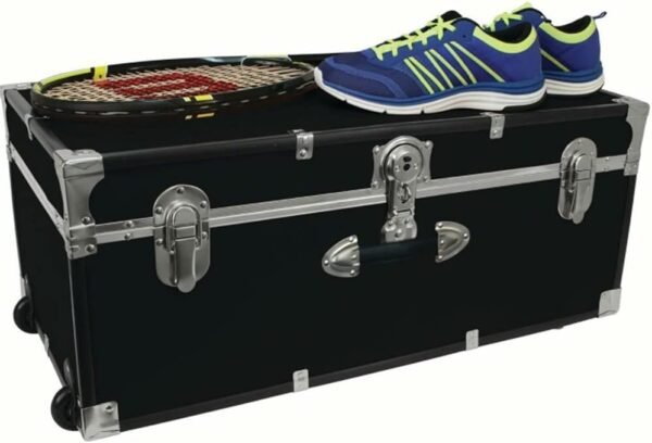 Black Storage Trunk Wheeled Wooden Foot Locker Chest Luggage College Dorm Box 30" Durable, Wooden Construction Heavy-Gauge Vinyl Cover Dimensions: 30" L x 15.75" W x 12.25" Nickel Hardware - Image 3