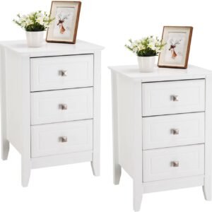 Bonnlo Upgraded White Night Stands for Bedrooms Set of 2, Modern Nightstand with 3 Drawers, Wooden Bed Side Table for Small Spaces, College Dorm, Kids’ Room, Living Room, 16W x 16D x 24H