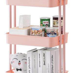 TUKAILAi 3-Tier Rolling Storage Cart with Lockable Wheels and Ergonomic Handle, Slide Out Utility Shelving Unit Organizer Serving Trolley Clearing for Kitchen Bathroom Laundry Bedroom (Pink)