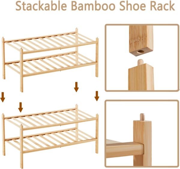 Shoe Rack Organizer for Closet Entryway, 2-Tier Bamboo Stackable Shoe Rack Small Shoe Storage for Dorm Front Door Wooden Shoe Shelf, Natural - Image 5