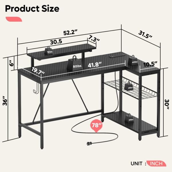 Bestier 52 Gaming Desk with Power Outlet & USB Ports,Reversible Small L Shaped Computer Desk with LED Strip & Headset Hooks,Corner Desk for Home Office Spaces Carbon Fiber Black - Image 2