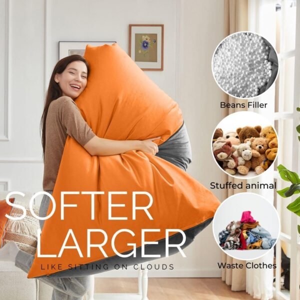 Nobildonna 4ft Bean Bag Chair Cover (No Filler) for Adults, 400L Extra Large Premium Velvet Beanbag Chair Cover, Washable Beanbag Without Filling Ultra Soft Triangular Lazy Sofa Cover (Orang Grey) - Image 3