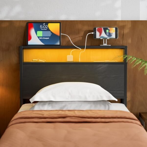 Twin Size Storage Headboard with LED Lights & Charging Station,2-Tier Storage Shelf, Industrial Metal and Wood Construction, Headboard for Bedroom, Attach Frame (black, Twin) - Image 6
