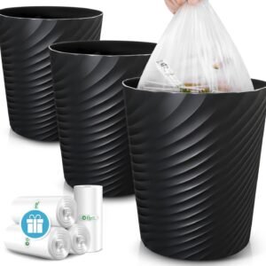 Teivio 3 Pack Small Trash Can for Bathroom,with Trash Bags,Wastebasket,Garbage Can for Bedroom Kitchen Office,Trash Bin for Powder Room,Kids Rooms,College Dorms (1.8 Gallon,Black)