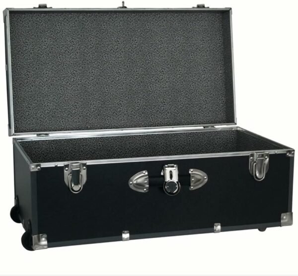 Black Storage Trunk Wheeled Wooden Foot Locker Chest Luggage College Dorm Box 30" Durable, Wooden Construction Heavy-Gauge Vinyl Cover Dimensions: 30" L x 15.75" W x 12.25" Nickel Hardware - Image 2