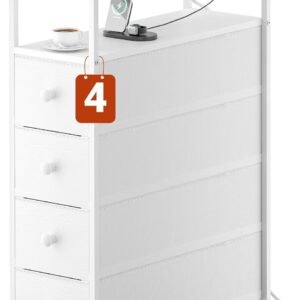 Narrow Dresser with Charging Station, Slim Dresser with 4 Fabric Drawers, Slim Chest of Drawers with Steel Frame for Small Spaces Bathroom, Bedroom, Living Room, Laundry (White Wood Texture)