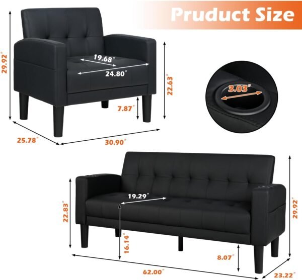 AILEEKISS 3 Piece Living Room Sofa Set 62" Loveseat Sofas Sets with 2 USB,Cup Holders,Side Pocket,Modern Leather 3 Pcs Sectional Couches Set for Apartment,Office,Bedroom (Black, 2-Seat+1-Seat+1-Seat) - Image 3