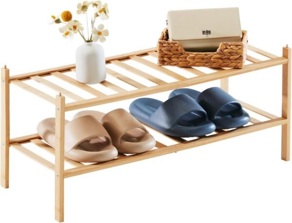 Shoe Rack Organizer for Closet Entryway, 2-Tier Bamboo Stackable Shoe Rack Small Shoe Storage for Dorm Front Door Wooden Shoe Shelf, Natural