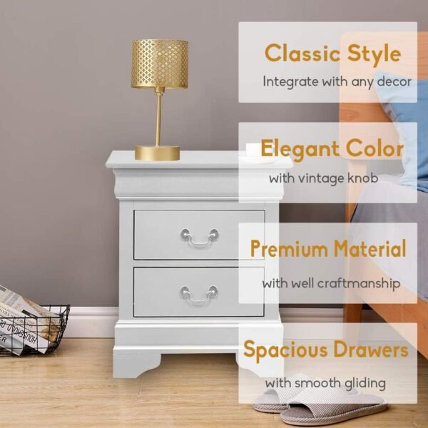 Elegant White Nightstand, Modern 2 Drawer Small Side Table, Wood Bedside Furniture, Night Stand, End Table with Antique Handle for Bedroom, Living Room, College Dorm, Fully Assembled - Image 5