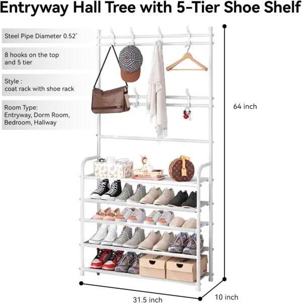 Hall Tree with 5-Tier Shoe Shelf and 8 Adjustable Metal Hooks Coat Rack, Lightweight Metal Organizer Shelf for Apartment Bedroom College Dorm and Entryway, white - Image 2