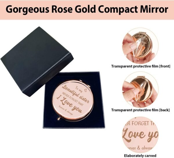 Sister Valentine's Day Funny Gifts for Sister from Sister, Graduation Gifts for Her Sister Friends, for Big Sister in Law, Dorm Decor for College Girls - Rose Gold Compact Mirror - Image 3