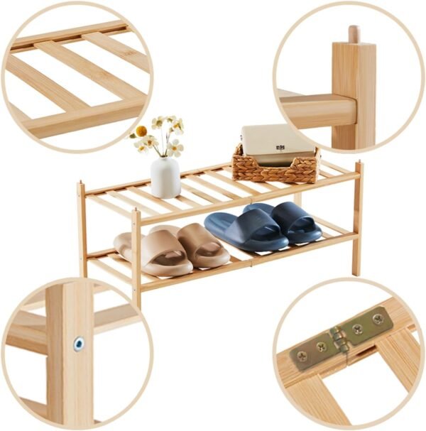 Shoe Rack Organizer for Closet Entryway, 2-Tier Bamboo Stackable Shoe Rack Small Shoe Storage for Dorm Front Door Wooden Shoe Shelf, Natural - Image 7