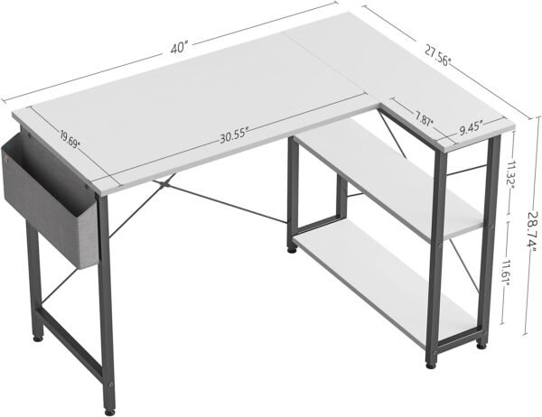 CubiCubi L Shaped Desk, 40 Inch Computer Desk with Reversible Storage Shelves Home Office Corner Desk Study Writing Table, White Top/Black Leg - Image 3