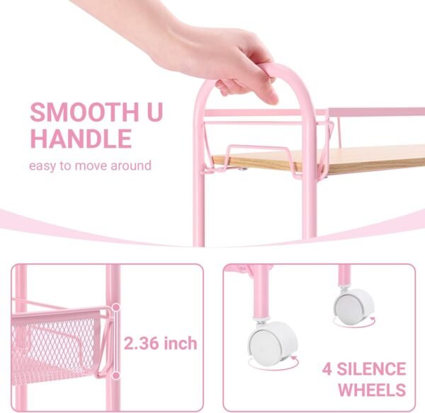 KINGRACK 4-Tier Slim Rolling Cart with Wooden Tabletop, Easy Assemble Metal Utility Cart, Slide Out Narrow Storage Cart for Narrow Space on Bedroom Bathroom Laundry Room Apartments Dormitory, Pink - Image 4