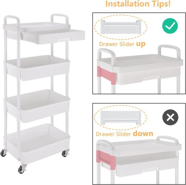 4-Tier Rolling Cart，Trolley with Drawer, Kitchen Storage Organizer with Plastic Shelf & Metal Wheels, Storage Cart for Living Room, Kitchen, Office, Bathroom, White - Image 7