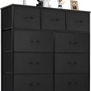 ANTONIA Dresser for Bedroom with 9 Fabric Drawers, Tall Chest Organizer Units for Clothing, Closet, Kidsroom, Storage Tower with Cabinet, Metal Frame, Wooden Top, Lightweight Nursery Furniture, Black