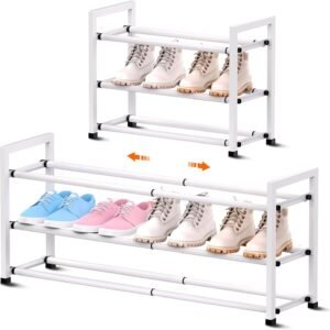 3-Tier Expandable Shoe Rack for Closet, 18“-33” Adjustable Shoe Rack for Small Space, Small Shoe Organizer for Front Door, Sturdy Metal, White