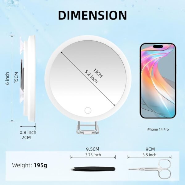 30x Magnifying Mirror with Light Large 6'' Lighted 30x Magnified Mirror with Suction Cups & Table Stand, Travel Magnifying Mirror 30x with light High Magnification Makeup Mirror with Tweezers Scissors - Image 6