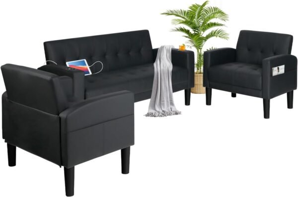 AILEEKISS 3 Piece Living Room Sofa Set 62" Loveseat Sofas Sets with 2 USB,Cup Holders,Side Pocket,Modern Leather 3 Pcs Sectional Couches Set for Apartment,Office,Bedroom (Black, 2-Seat+1-Seat+1-Seat) - Image 4