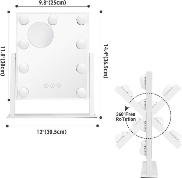 Vanity Mirror with Lights, Makeup Mirror with Lights,3 Color Lighting Modes Detachable 10X Magnification Mirror Touch Control,360°Rotation, White. - Image 4