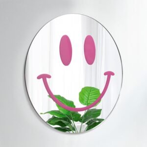 Dremisland Smiley Wall Mirror Preppy Room Decor for Teen Girls Dorm Room Decor Aesthetic Acrylic Mirror Round Mirror for Apartment Living Room, Bedroom, Vanity, Entryway, Hallway. (Pink)