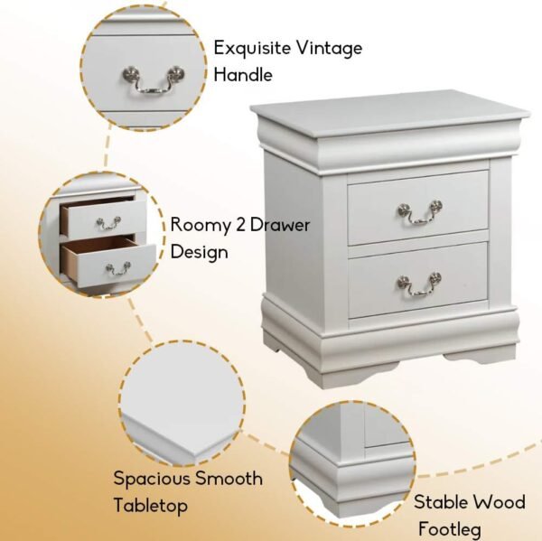 Elegant White Nightstand, Modern 2 Drawer Small Side Table, Wood Bedside Furniture, Night Stand, End Table with Antique Handle for Bedroom, Living Room, College Dorm, Fully Assembled - Image 4