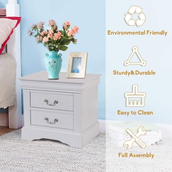 Elegant White Nightstand, Modern 2 Drawer Small Side Table, Wood Bedside Furniture, Night Stand, End Table with Antique Handle for Bedroom, Living Room, College Dorm, Fully Assembled - Image 6
