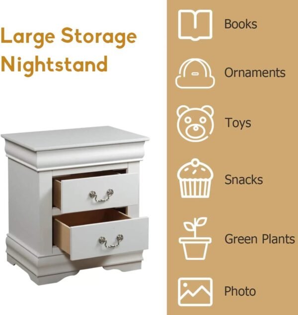 Elegant White Nightstand, Modern 2 Drawer Small Side Table, Wood Bedside Furniture, Night Stand, End Table with Antique Handle for Bedroom, Living Room, College Dorm, Fully Assembled - Image 7
