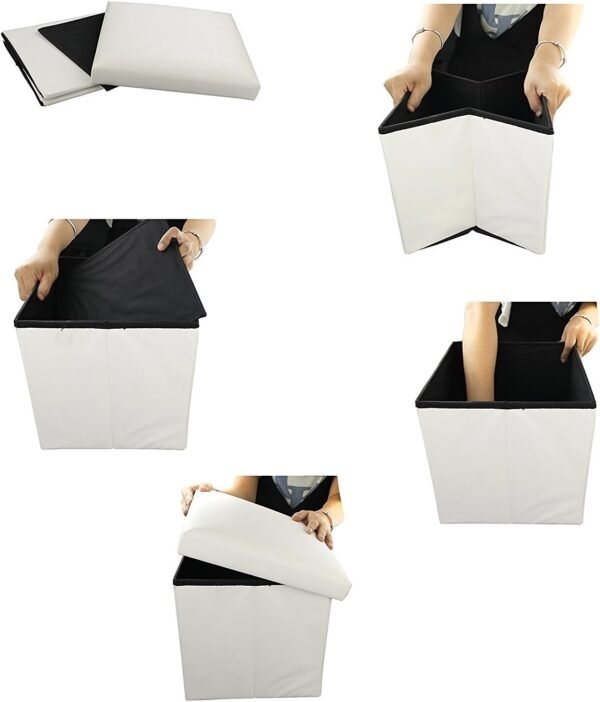 OT01 Leather Folding Storage Ottoman Cube Footrest Seat, 12 X 12 X 12 Inches (White) - Image 6