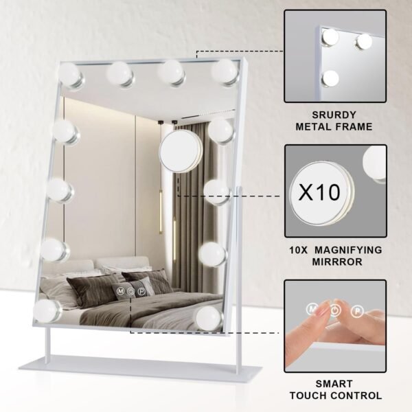 Hansong Vanity Mirror with Lights Makeup Mirror with Lights 12 Dimmable Bulbs Hollywood Lighted Makeup Mirror Detachable 10x Magnification 3 Color Lighting Modes - Image 3