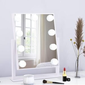 Lighted Makeup Mirror Hollywood Mirror Vanity Mirror with Lights, Touch Control Design 3 Colors Dimable LED Bulbs, Detachable 10X Magnification, 360°Rotation, White.