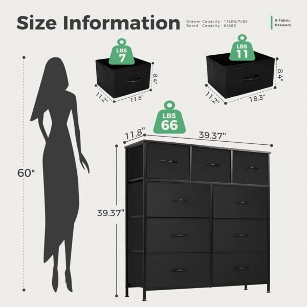 ANTONIA Dresser for Bedroom with 9 Fabric Drawers, Tall Chest Organizer Units for Clothing, Closet, Kidsroom, Storage Tower with Cabinet, Metal Frame, Wooden Top, Lightweight Nursery Furniture, Black - Image 3