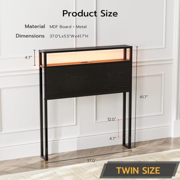 Twin Size Storage Headboard with LED Lights & Charging Station,2-Tier Storage Shelf, Industrial Metal and Wood Construction, Headboard for Bedroom, Attach Frame (black, Twin) - Image 2