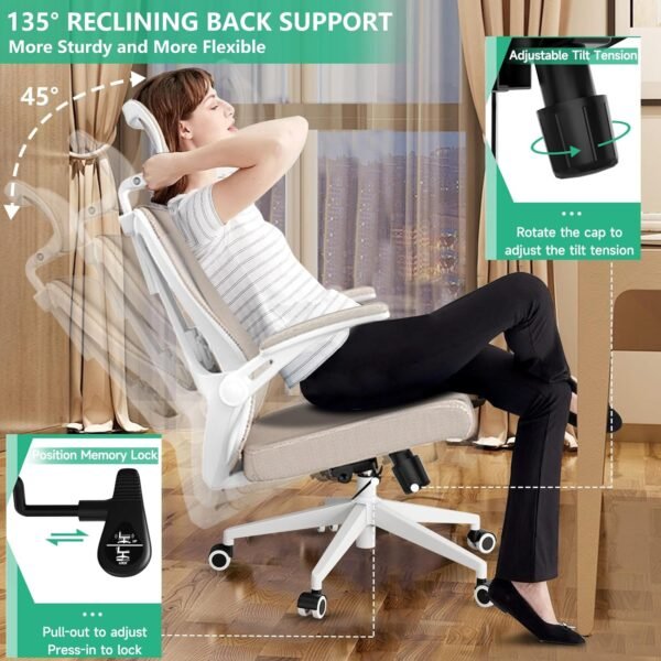 Ergonomic Office Chair - Comfy Desk Chairs with Wheels and Arms, Heavy Duty Mesh Computer Chairs with Comfortable Head Lumbar Back Support for Office, Bedroom, Study and College Dorm (khaki) - Image 4