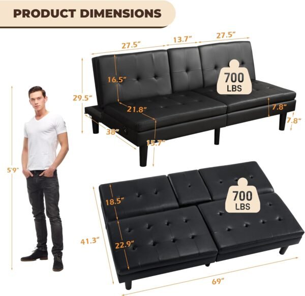 PrimeZone Futon Convertible Couch Bed - 69"W x 38"D x 29.5"H Faux Leather Futon Bed with USB & 2 Cupholders, Modern Memory Foam Sleeper Sofa Bed, Folding Loveseat for Apartment, Dorm, Office, Black - Image 3