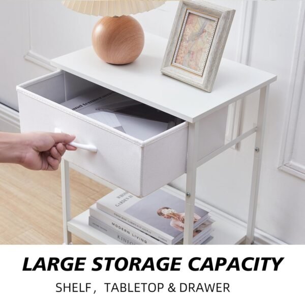 Somdot Nightstand Set of 2, Bedside Table End Table for Bedroom Dorm Nursery Living Room - Removable Fabric Drawer, Open Storage Shelf, Sturdy Steel Frame, Durable Wood Top - White Leather - Image 5