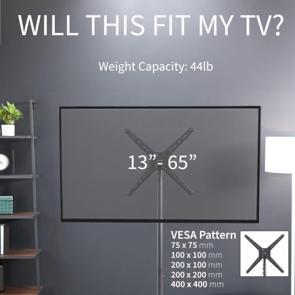 VIVO Extra Tall TV Floor Stand for 13 to 65 inch Screens up to 44 lbs, LCD LED OLED 4K Smart Flat, Curved Monitor Panels, Max VESA 400x400, Tall Pole for Treadmills and Ellipticals, Black, STAND-TV18 - Image 6