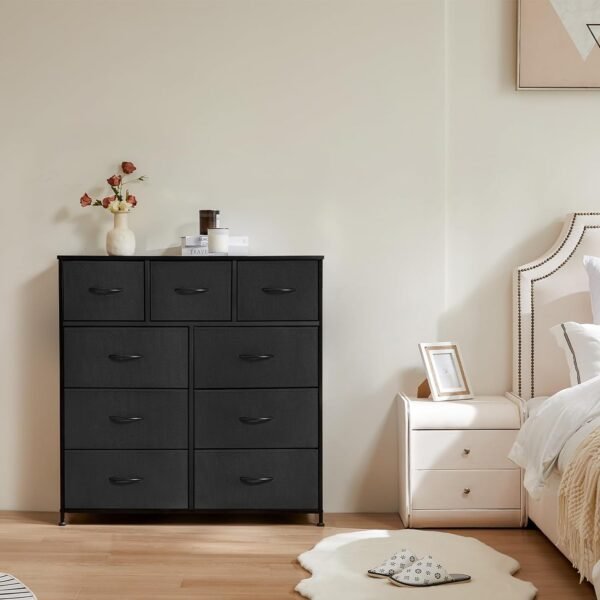 ANTONIA Dresser for Bedroom with 9 Fabric Drawers, Tall Chest Organizer Units for Clothing, Closet, Kidsroom, Storage Tower with Cabinet, Metal Frame, Wooden Top, Lightweight Nursery Furniture, Black - Image 2
