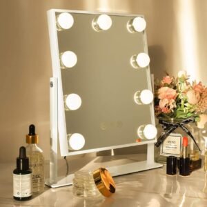 Hansong Vanity Mirror with Lights Lighted Makeup Mirror with 9 LED Bulbs Plug in Light Up Makeup Mirror with Lights 360 Rotation with 10x Magnifying Mirror Tabletop