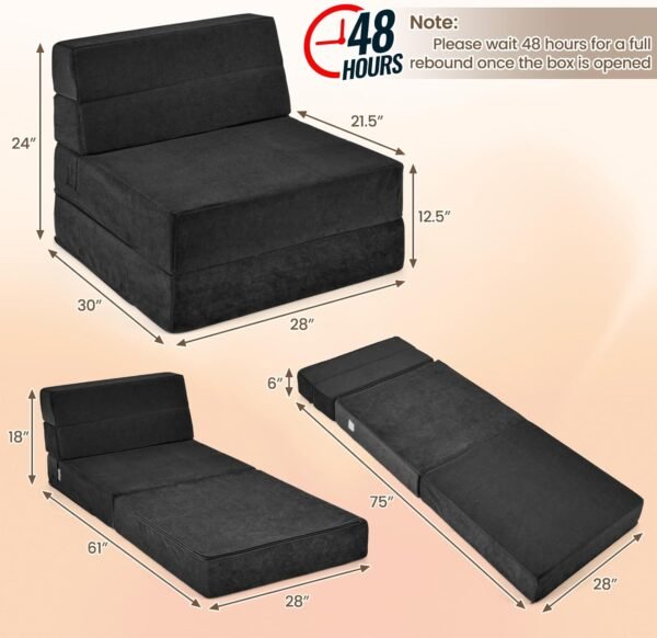Giantex Convertible Sofa Bed, Floor Couch Sleeper, Folding Futon Guest Bed, Modern Chaise Lounge Upholstered Padded Cushion, Large Accent Chair Living Room Bedroom Black - Image 3