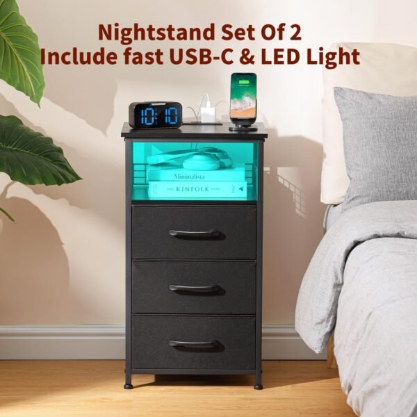 Night Stand Set 2 with Charging Station, Nightstands Set of 2 with 20 Colors LED Light Strip 3 Drawers, Side Tables Bedroom End Table with USB ports and Outlets for Living Room, Office (Black) - Image 3