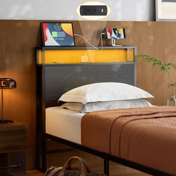 Twin Size Storage Headboard with LED Lights & Charging Station,2-Tier Storage Shelf, Industrial Metal and Wood Construction, Headboard for Bedroom, Attach Frame (black, Twin) - Image 8