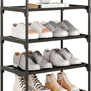 Upgrade Stackable Small Shoe Rack, 4-Tier Shoe Shelf Storage Organizer with Handle for Entryway, Hallway and Closet (Black)