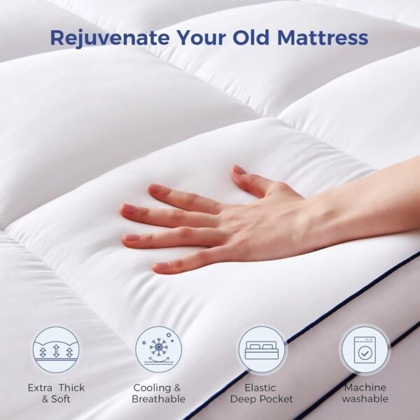 Twin XL Mattress Topper, Plush Extra Thick Mattress Pad Cover with 8-21” Deep Pocket, Cooling Pillow Top Bed Topper for Back Pain & Sleep Comfort, Overfilled Down Alternative Filling, White - Image 3